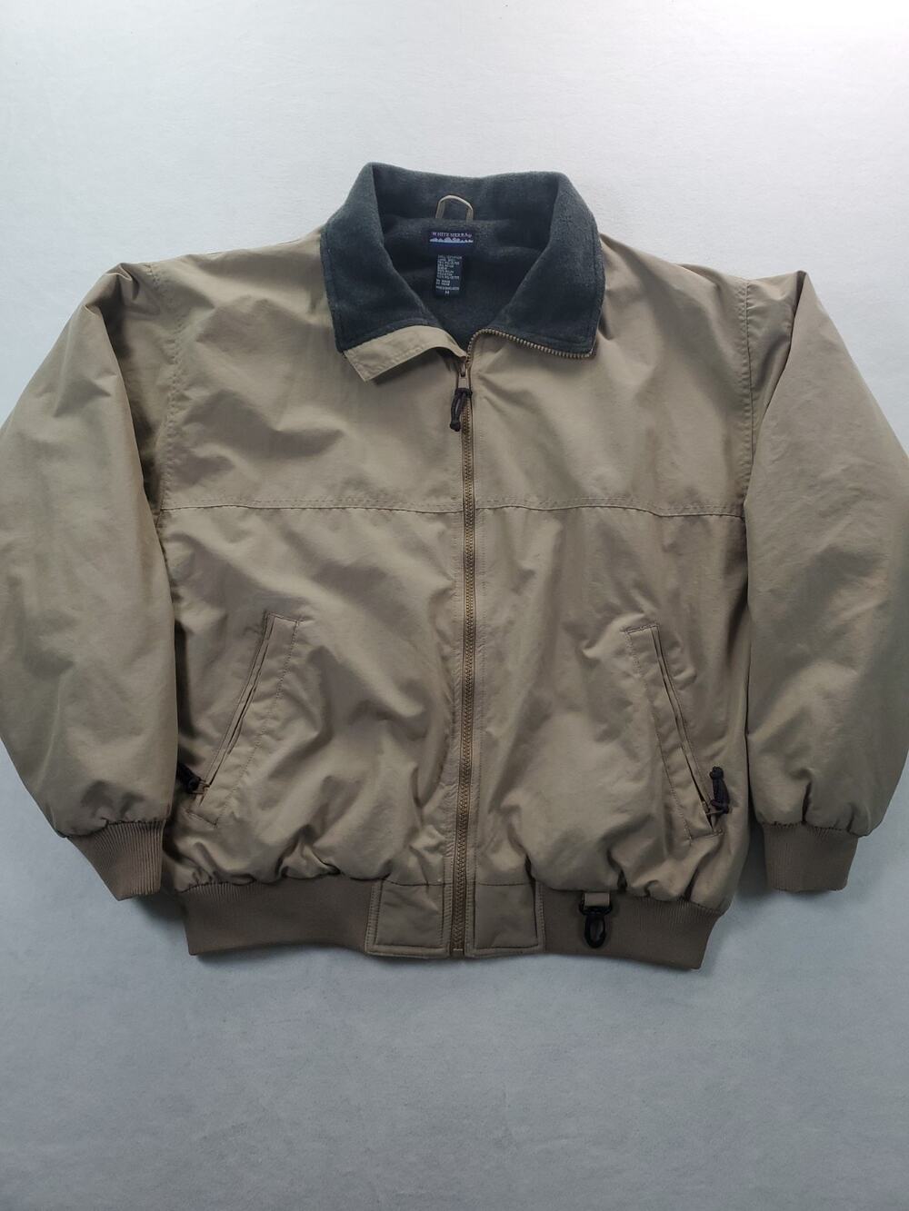 White Sierra Fleece Lined Bomber Jacket Mens Medium Tan Full Zip Graphic On Back